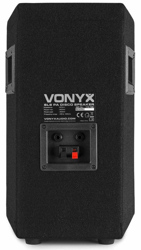 Zwarte Vonyx SL8 PA Disco Speaker achterkant met aansluitingen en specificaties.