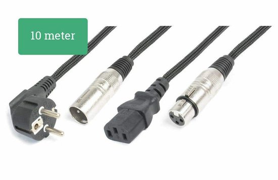 Zwarte 10 meter lange combikabel met aan beide zijden een XLR-connector, een C13-connector en een haakse stekker.