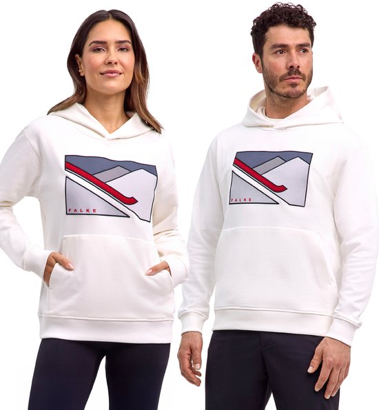 Man en vrouw, voorzijde, witte Falke hoodies met grafische print.