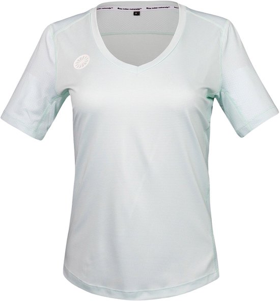 Lichtblauwe V-hals sportshirt met korte mouwen, borstopdruk en contrasterende naden.