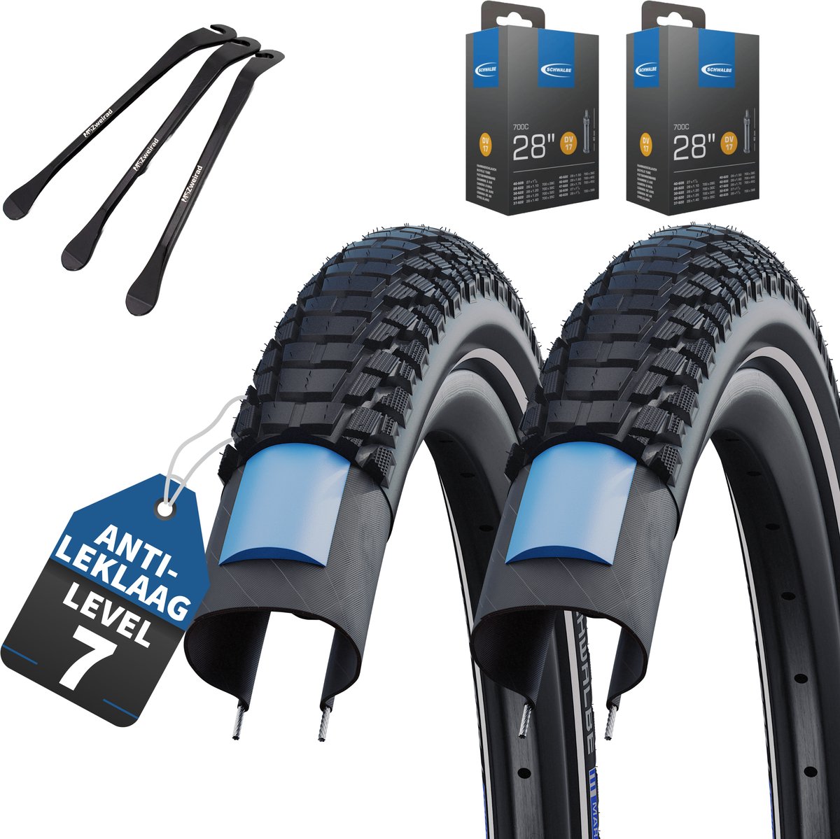 Schwalbe fietsband Marathon Plus Tour 2022 Smart Guard 28 x1,40 inch buitenband (37-622) + DV Dunlop / Hollands ventiel binnenband + MSZweirad bandenlichter