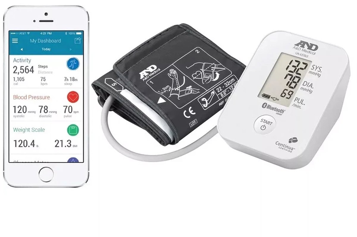 A&D UA-651BLEISO Bloeddrukmeter - Bovenarm - 22-32cm - Bluetooth - Wit