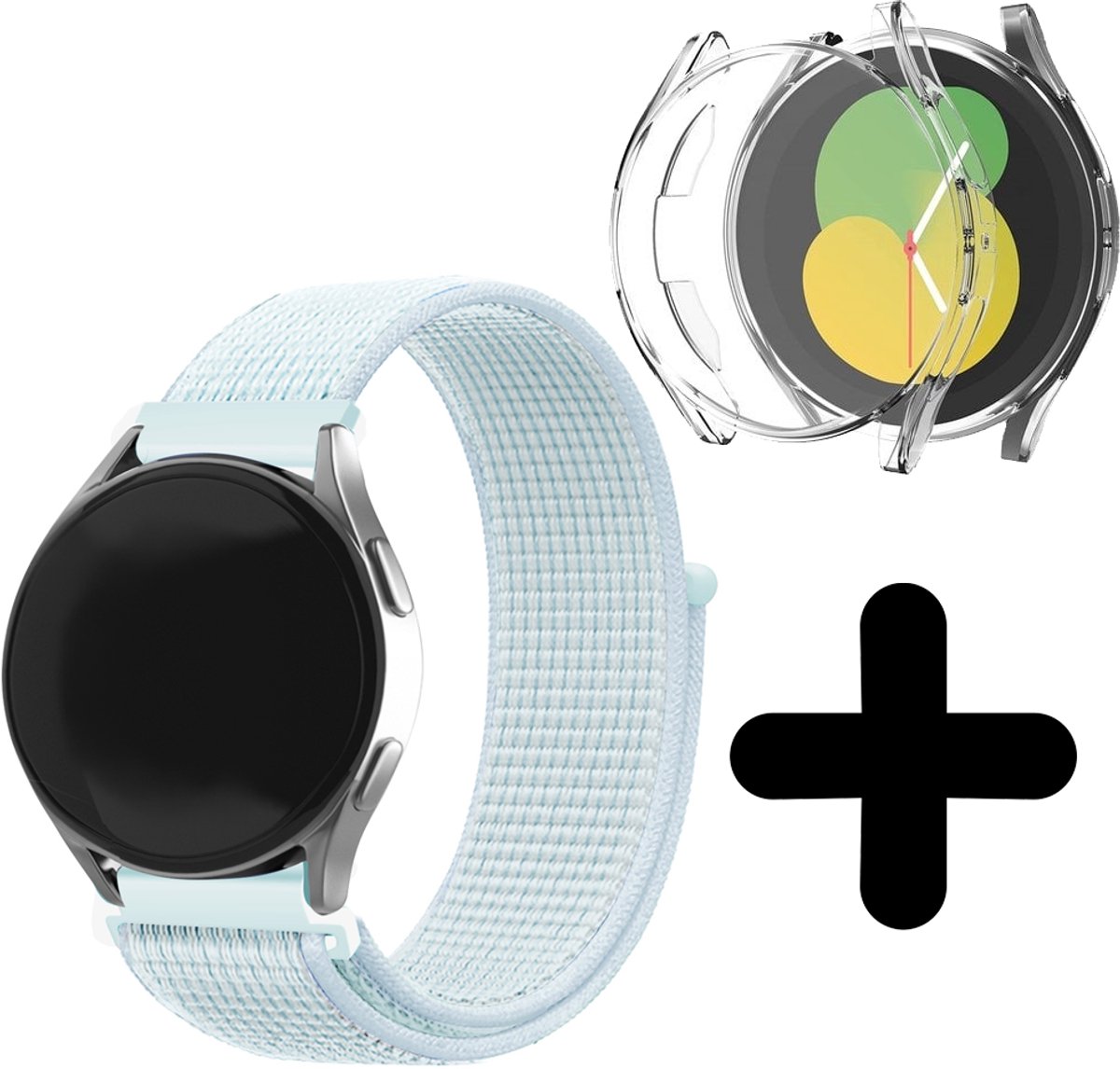 Strap-it bandje geschikt voor Geschikt voor Samsung Galaxy Watch 5 40mm nylon bandje (licht cyaan) - Bandje nylon Galaxy Watch 5 40 mm - Incl. screenprotector case bescherming - Hoesje beschermhoes beschermer - Transparant full cover hardcase