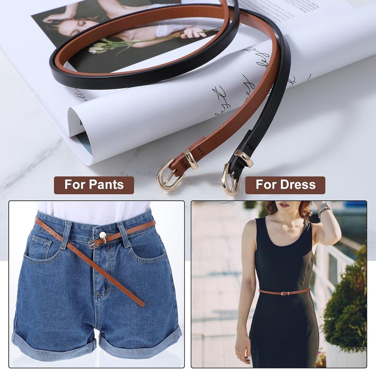 WERFORU 2 stuks skinny damesriem, dunne leren riem met goud/zilveren gespen voor jeans, broeken, jurken, zwart en bruin (koffie), Fit Taillengröße 68-83cm WERFORU 2 stuks skinny damesriem, dunne leren riem met goud/zilveren gespen voor jeans, broeken, jurken, zwart en bruin (koffie), Fit Taillengröße 68-83cm