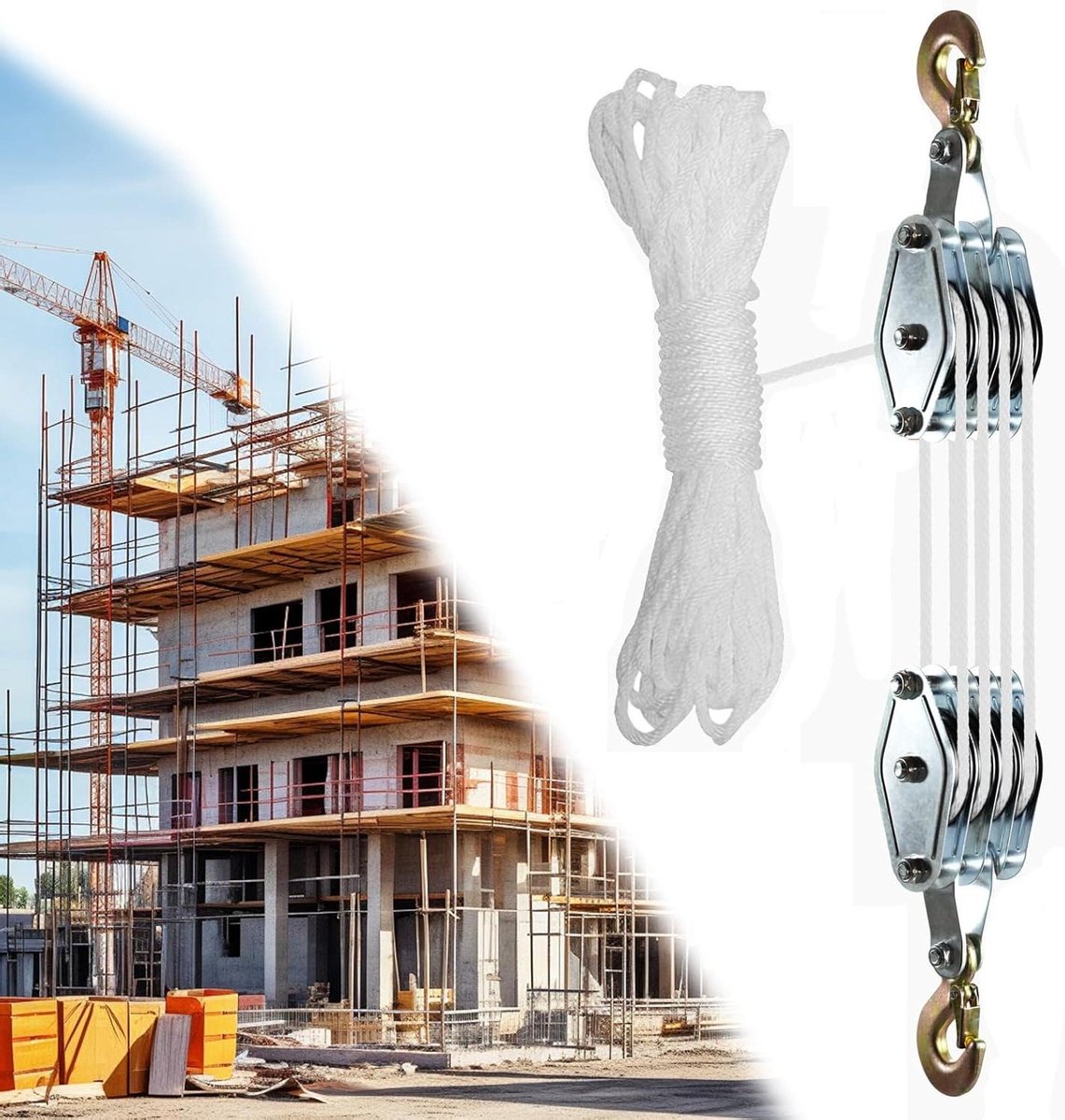 Allecto Plus - Werkbesparende trekketting katrol 2000 kg draagkracht - 20m nylon touwrem - Haak voor zware lasten transport