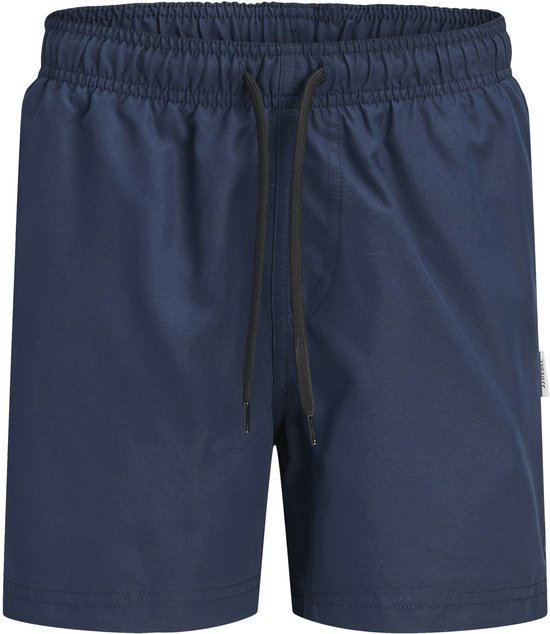 Donkerblauwe zwemshort met elastische tailleband en zwarte trekkoord.