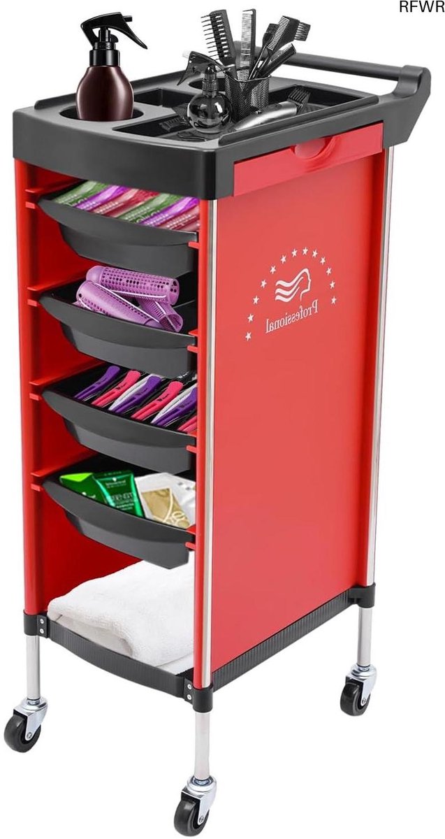 RFWR® Salonwagen met 6 niveaus en 4 laden, kapperskar voor haarstyling, cosmetica opslag, zwart-rood