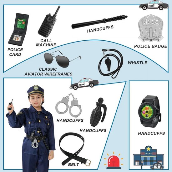 Udekit Politiekostuum Kinderen met Walkie-Talkie Stok Holster Fluitje Politie Speelgoed voor Jongens Halloween Carnaval Cosplay voor 3 tot 4 Jaar