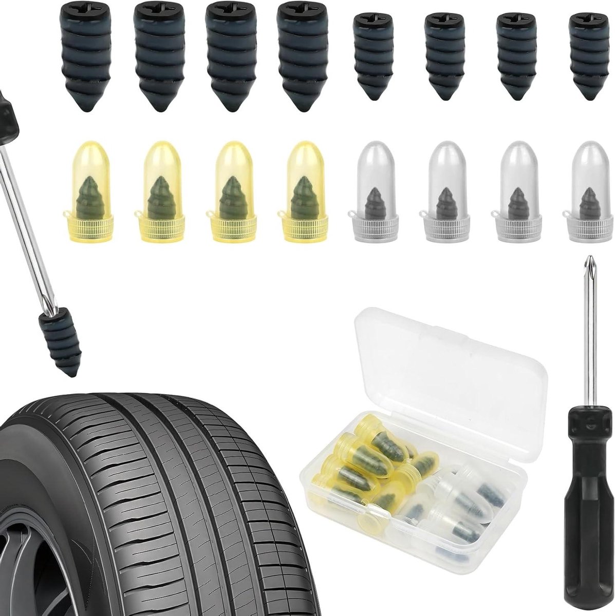Vacuüm Bandenreparatieset - 16-delig | Bandenreparatie Kit met schroevendraaier | Inclusief Rubberen nagels | Tubeless bandenreparatieset voor auto motorfiets fiets | Snelle en effectieve bandenreparatie | Makkelijk in gebruik