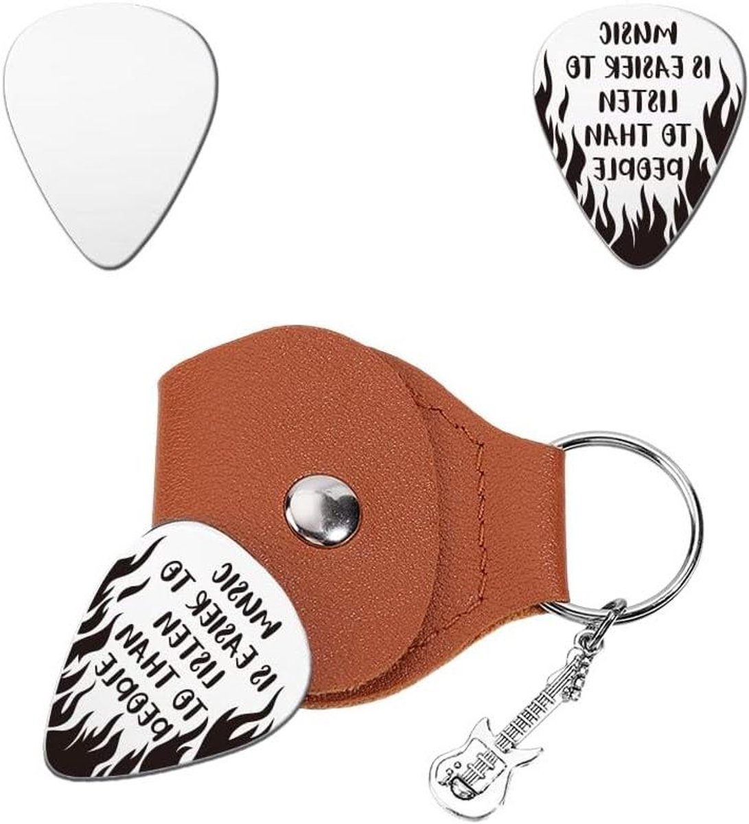 Image of 1Pcs Gitaar Picks Geschenken Vlam Script Plectrum Set Rvs met PU Lederen Case - Muziek Woord Plectrum Accessoires