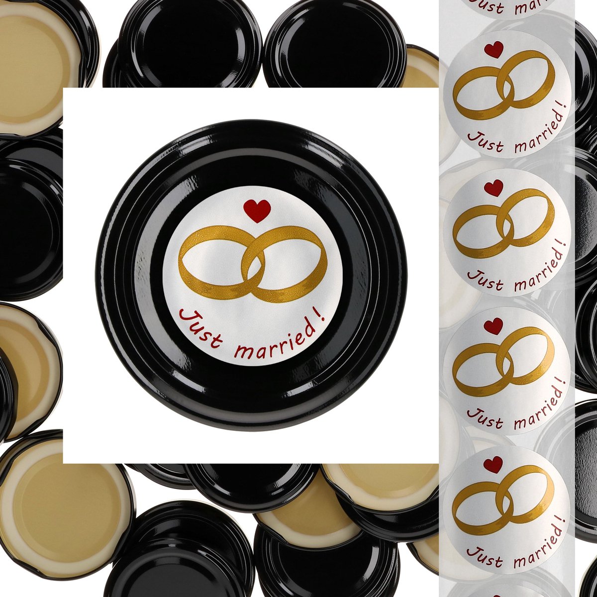 JUST MARRIED Set van 50 deksels To 66 zwart geschikt voor 125 ml potjes + trouwlabels
