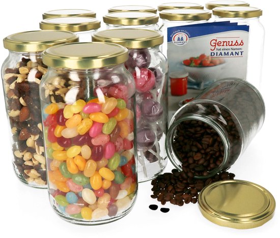 Set van 12 ronde potten 1062 ml Naar 82 gouden deksel incl. Diamant Gelierzauber receptenboekje