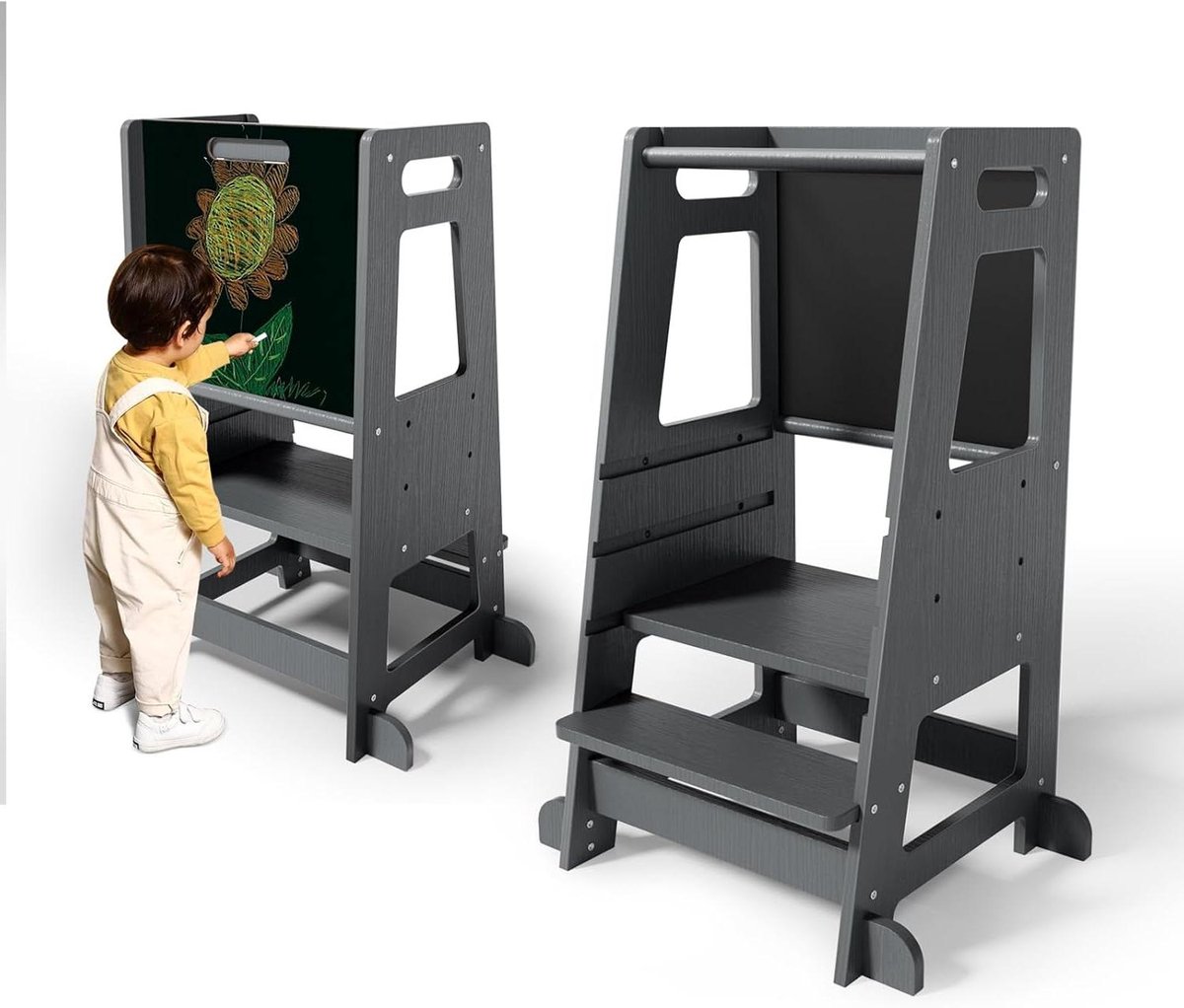 3 Adjustable Heights Wooden Learning Tower with Double-Sided Board for Children - Ideal Kitchen Aid