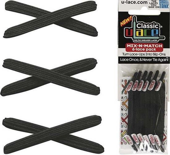 Drie paar zwarte U-Lace veters gekruist en een verpakking met 6 Mix-N-Match zwarte veters.
