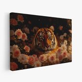 FineArtia - Rustende tijger in bloemenveld - Canvas Schilderij - 150 x 100 cm - Woonkamer Decoratie - Oranje - Slaapkamer Schilderij - Wanddecoratie