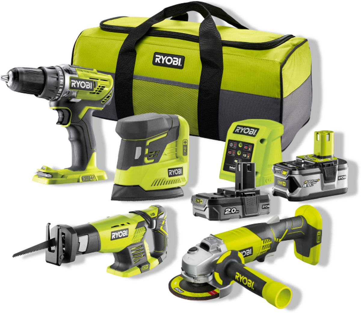 Ryobi - 2-delig Combokit (incl. 1x 4.0Ah 1 x2.0Ah accu en lader) ON...