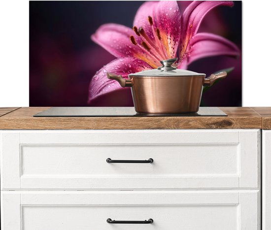 Spatscherm keuken 90x45 cm - Kookplaat achterwand Roze - lelie - Dauwdruppels - Muurbeschermer - Spatwand fornuis - Hoogwaardig aluminium