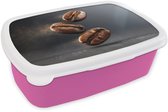 Broodtrommel Roze - Lunchbox Koffiebonen - Zwevend - Grijs - Brooddoos 18x12x6 cm - Brood lunch box - Broodtrommels voor kinderen en volwassenen