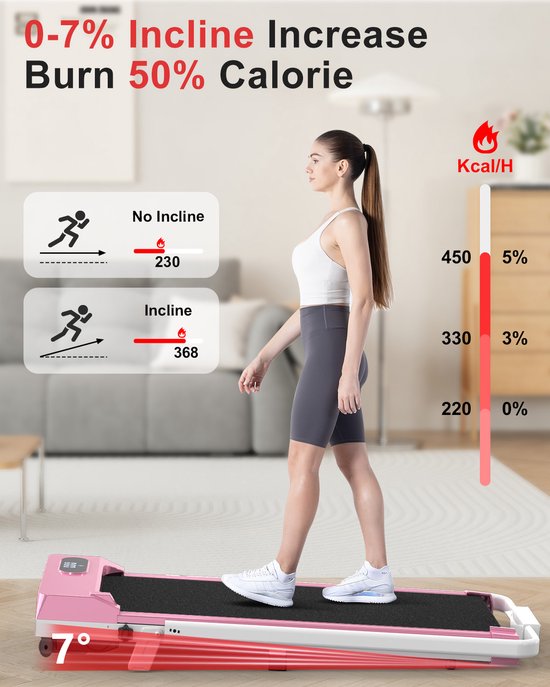 Loopband Met 7% helling - Inklapbaar loopband Elektrisch met armleuningen, 1-8 km/u - met afstandsbediening en LCD-display - Walkingpad - Treadmill - Roze