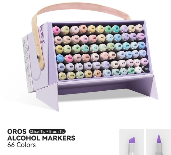 Opbergkoffer met 66 pastelkleurige alcoholmarkers, met handvat. De markers zijn geordend per kleur.