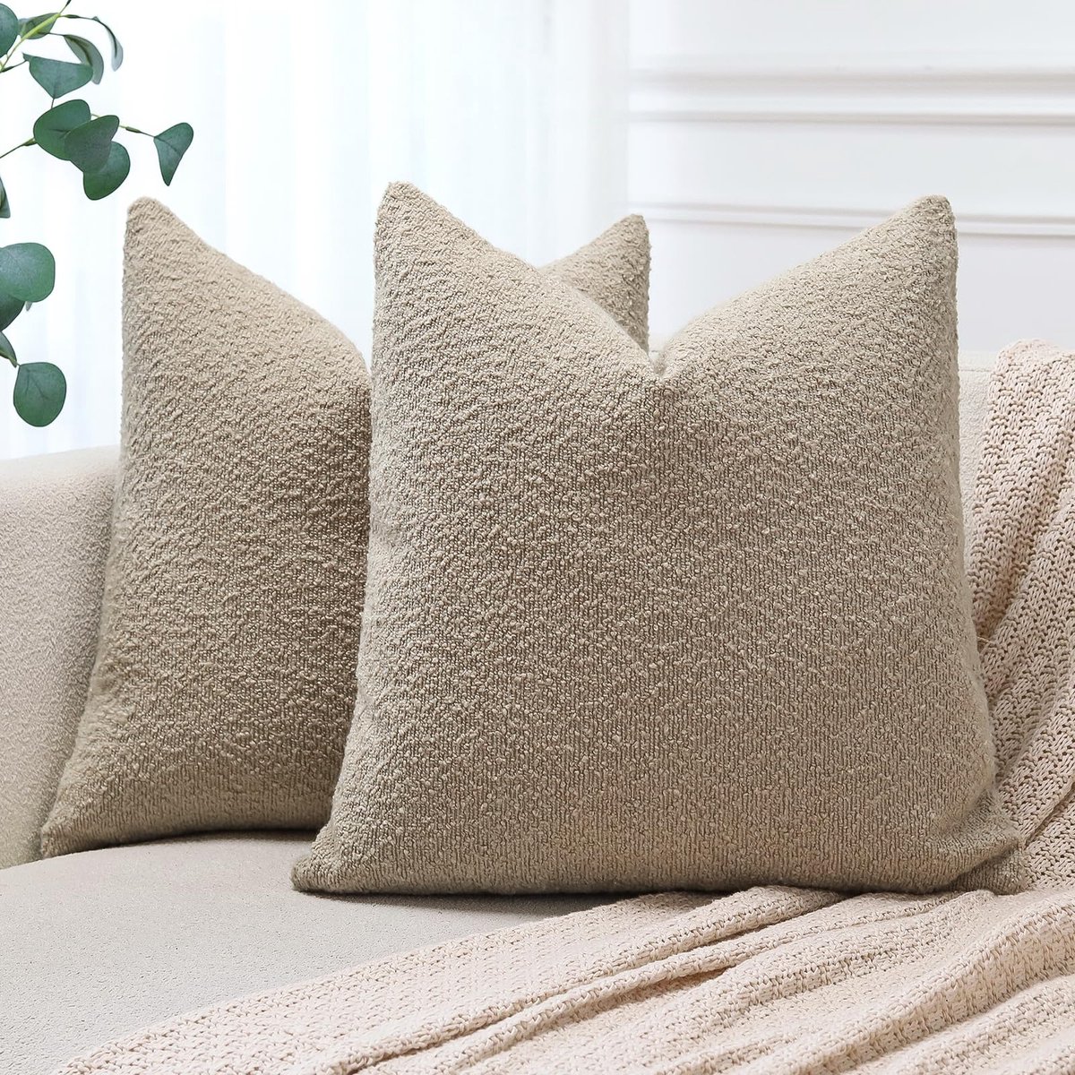 Ibenzoa® Moderne en Stijlvolle Set van 2 Zachte Bouclhoezen voor Decoratieve Kussens in Camel, 40 x 40 cm