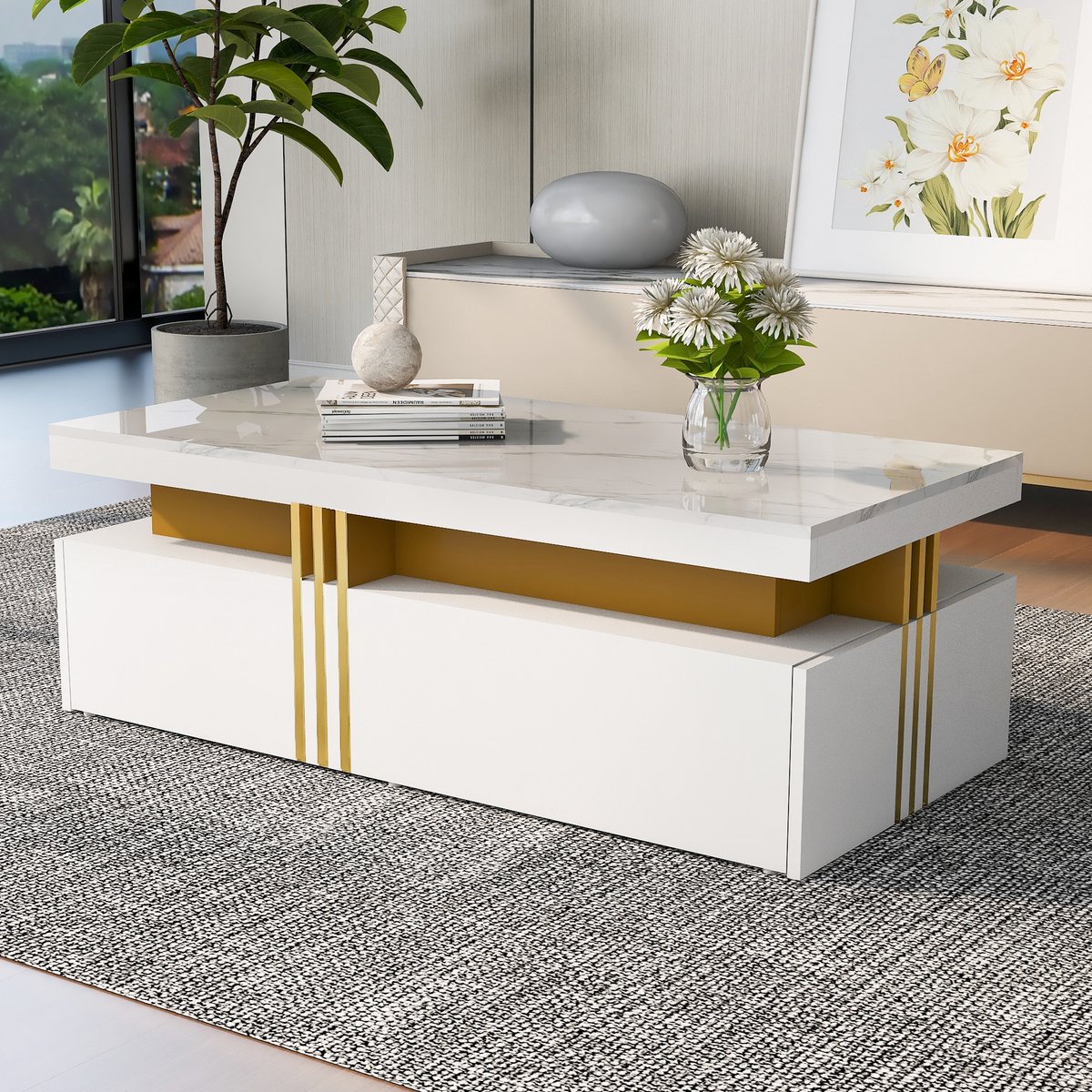 HAUSS SPOLE Salontafel 100x50x40cm - vorm Rechthoekig - Koffietafel met 2 Laden - Stijlvol en Functioneel - Voor Woonkamer en Keuken - Hout - Wit met Marmeren Tafelblad