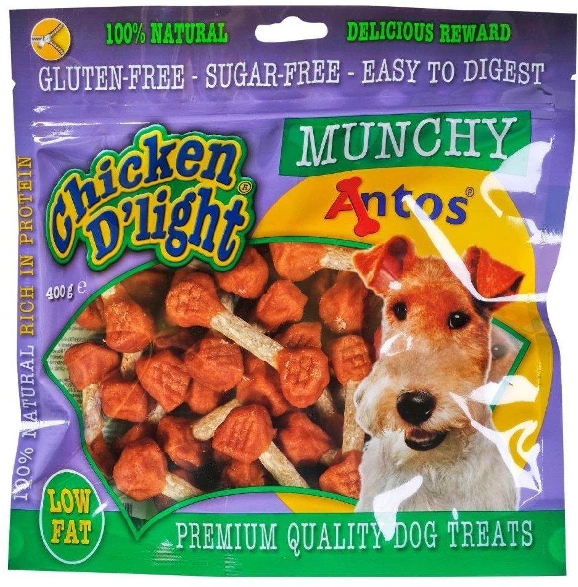 Antos Kauwsnacks - Chicken D'Light Munchy 400 Gr - Glutenvrij, Graanvrij, Geschikt voor Honden