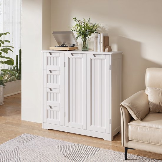 Xbro Badkamerkast, Smalle Opbergkast met 4 Laden en 2 Deuren, Vrijstaande Kast met Verstelbare Plank, Waterbestendig MDF, 81x30x83 cm, Wit
