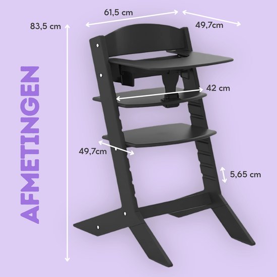 Geuther Houten Kinderstoel - Syt - Meegroeistoel voor kinderen van 6-36 maanden - inclusief eetblad - 5-punts veiligheidsgordel - 61x49x83cm - Zwart van Geuther — afbeelding 4