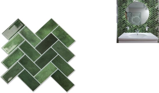 Groene visgraat muurstickers op een witte achtergrond en een voorbeeld van de tegels in een badkamer.