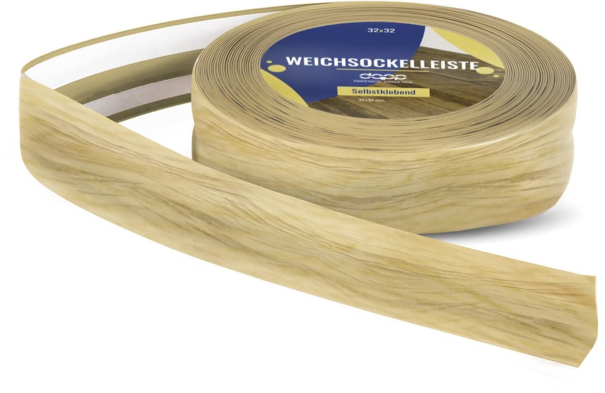 DQ-PP ZACHTE PLINT - 50 m (2xw5m) - Eikenhout Licht - 32 x 23 mm - PVC - zelfklevend - knikhoek plinten rubberen strip plint hoekprofiel afsluitstrip vloerlijst
