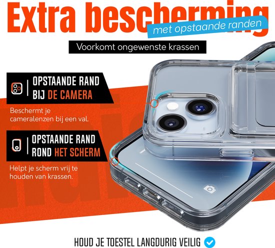 Transparante telefoonhoes met focus op de verhoogde randen rond de camera's en het scherm. "Extra bescherming met opstaande randen" staat in de afbeelding.