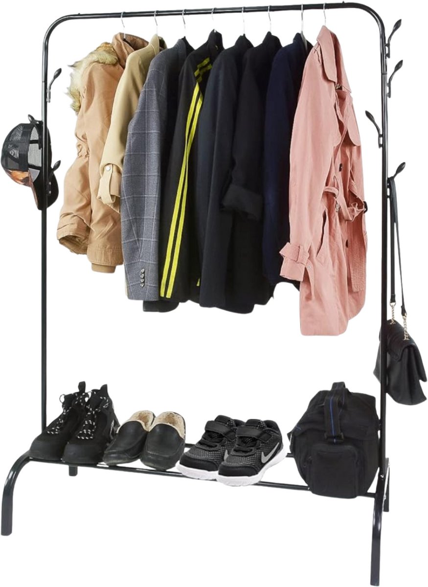 Garderoberek met Kapstok en Schoenenrek - Metalen Kledingrek - 110x40x150 cm - Zwart - Met Haken - Opbergruimte voor Schoenen - Inclusief EBOOK – foto 7