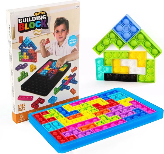 Ainy - Pop It Speelgoed Tetris 3D Puzzel blauw - Pop It - Tetris - Fidget Toys - Legpuzzels Bordspellen Voor Kinderen Jongens & Meisjes | 27 Pop It Montessori Educatief Puzzels Stukjes - Reisspellen Vanaf 3 Jaar