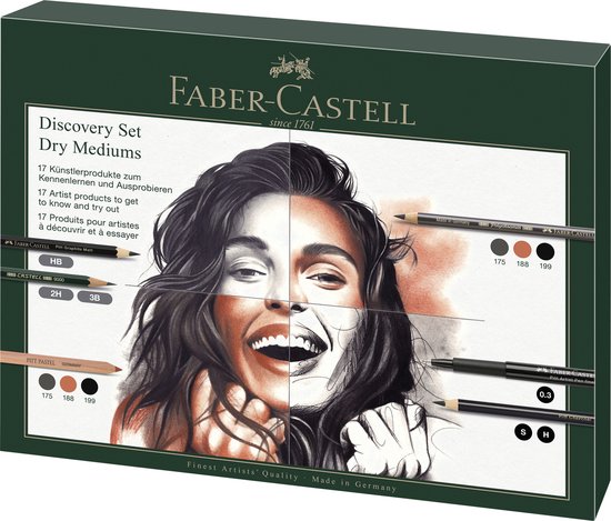 Faber-Castell Discovery Set Dry Mediums verpakking met afbeelding van een vrouw, met 17 kunstenaarsartikelen, waaronder potloden en krijtjes.