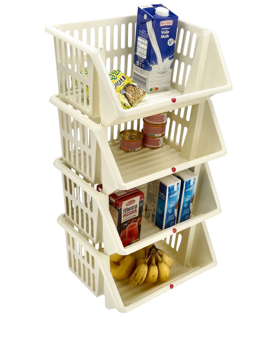Groentemand 4 Stuks – Opbergmand voor Groente en Fruit – Stapelbare Fruitmand Keuken – Mandenrek Aardappelen Uien – Voorraadkast Organizer – Crème Kleur