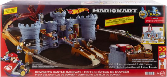 Hot Wheels Mario Kart Bowser's Castle Raceway speelgoedverpakking met de baan en diverse Mario Kart-personages.