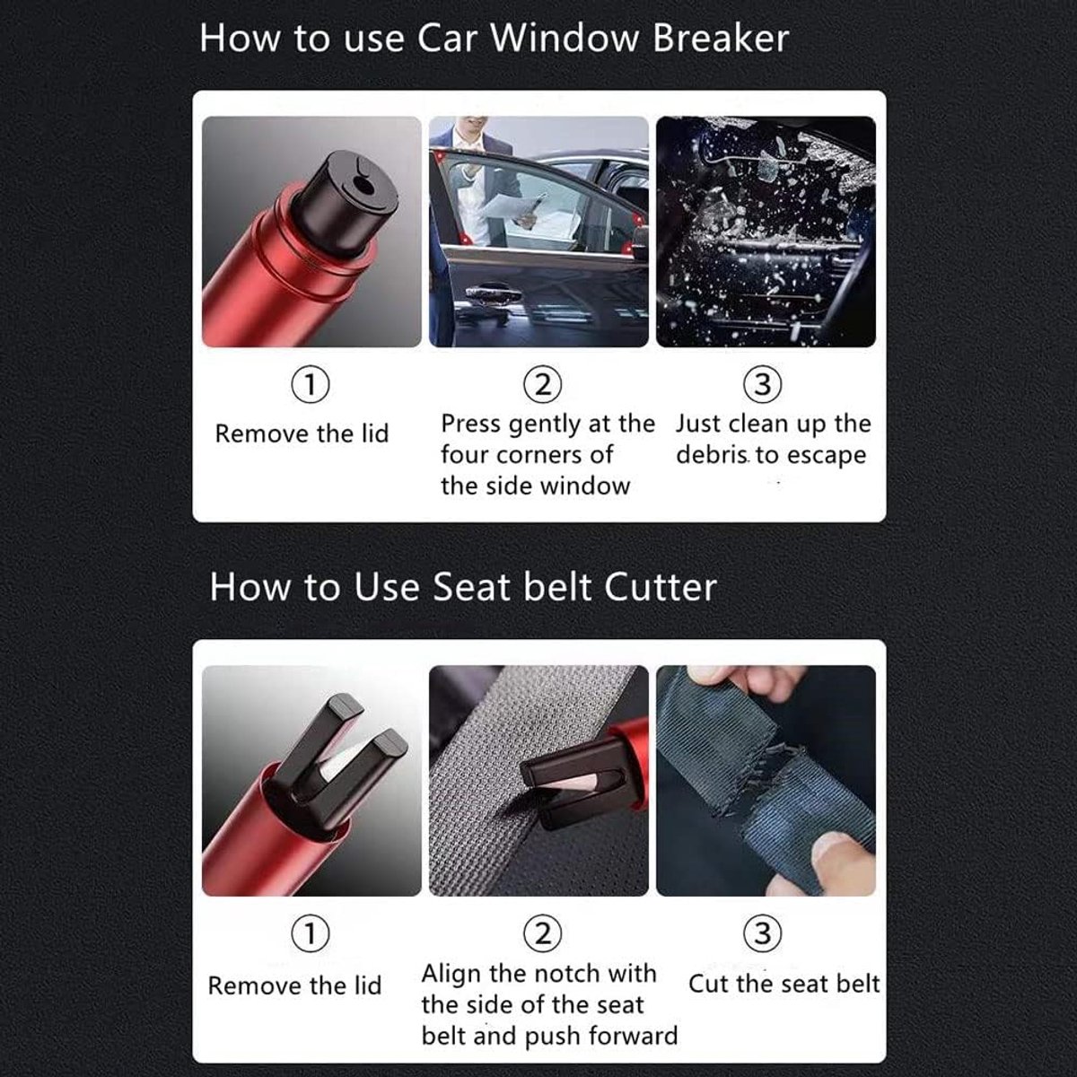 Raambreker - 2-pack autoveiligheidshamer nooduitganggereedschap - Auto-ruitbreker van één seconde - Gordelsnijder - Autoglasbreker - Levensreddend noodartefact (rood + zwart) thumbnail 6