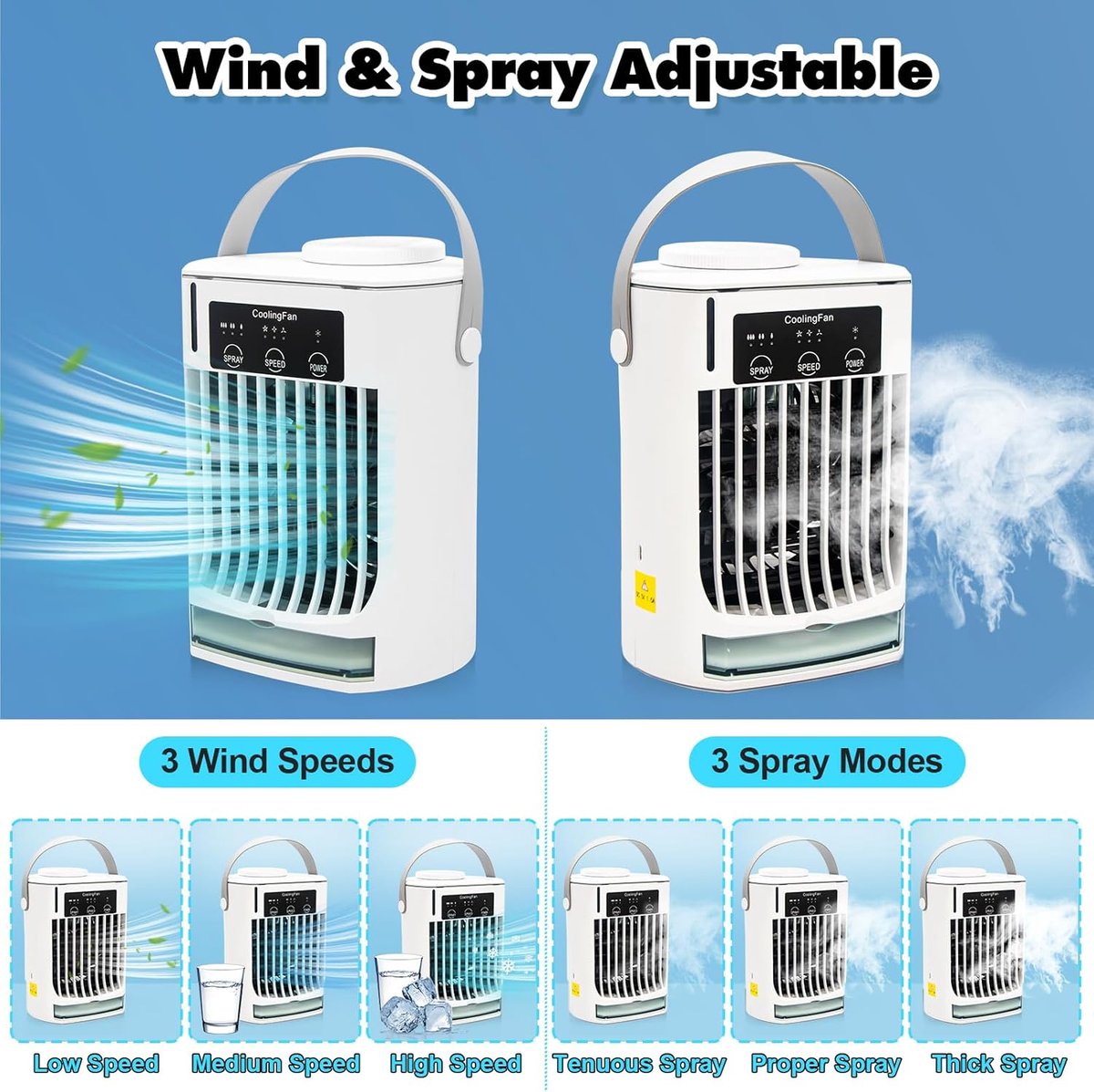 Mobiele airco zonder afvoer-mobiele airco zonder slang-3-in-1 mini-afvoerloze draagbare airconditioner-mobiele airco voor slaapkamer-3 windsnelheden, grote watertank, luchtkoeler voor slaapkamer, thuiskantoor-wit thumbnail 7
