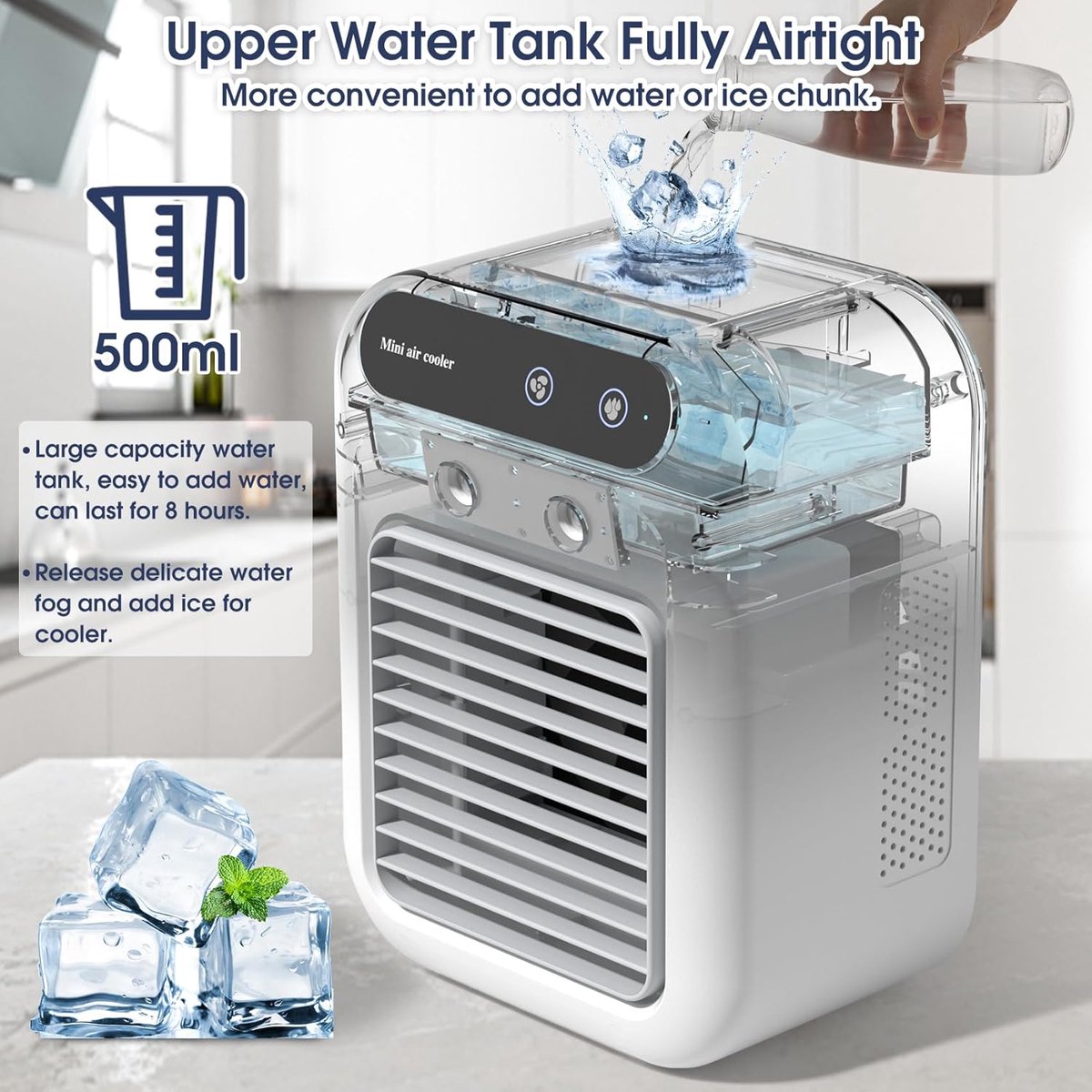 mobiele airco-Mobiele airco zonder afvoer-mobiele airco voor slaapkamer-mobiele airco met waterbak -25W Mini draagbare airconditioner - 2 koele luchtstralen - 2 snelheden persoonlijke koelventilator - voor slaapkamer, kantoor, buiten – foto 2