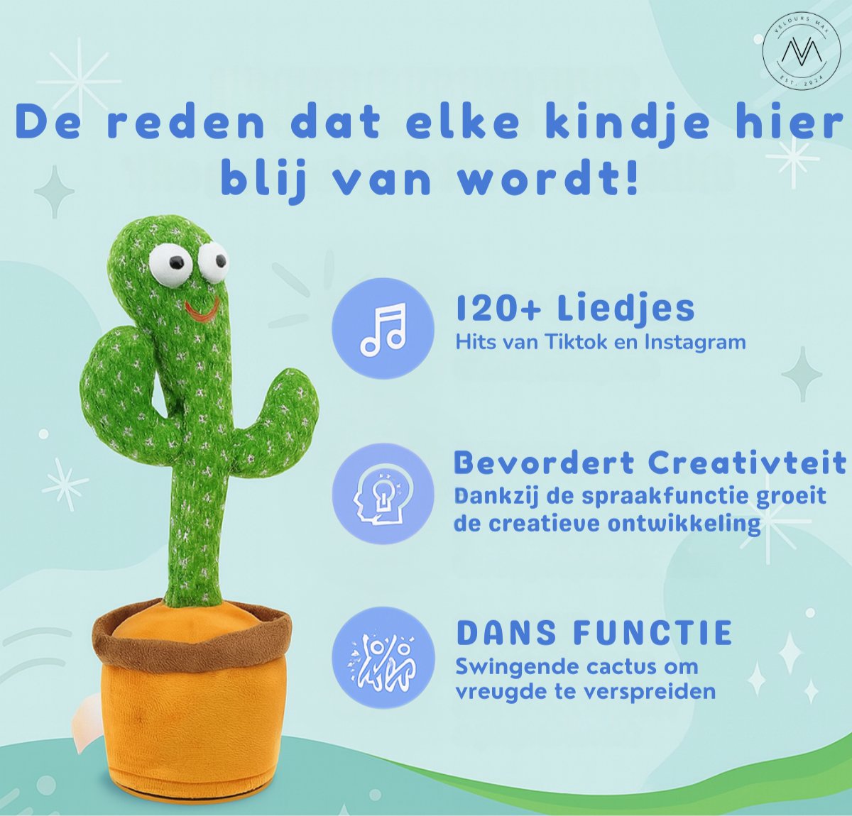 Velours Max® - Dansende Cactus - Interactieve Pratende Knuffel - TikTok - Dancing - 120 Liedjes - Recorder - Kinderen - Baby - Pluche - Speelgoed - Speelgoed 2 Jaar - Speelgoed 1 Jaar - Kinderspeelgoed - Knuffel - Knuffels - — afbeelding 2
