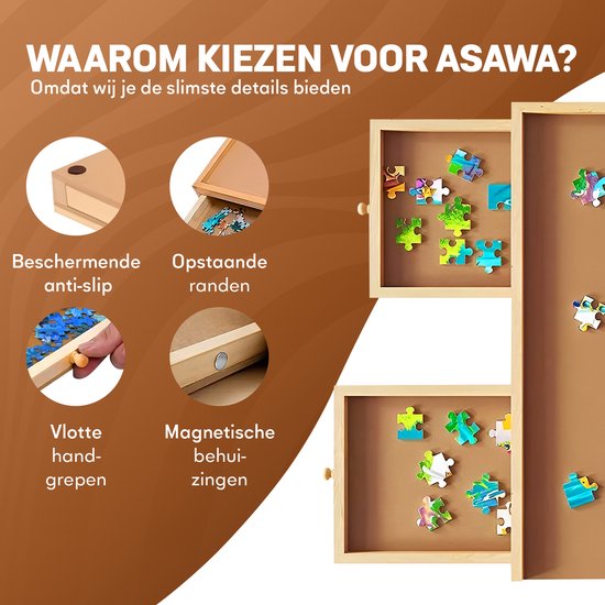 Asawa Puzzelbord - Puzzelplaat Draaibaar met Opbergsysteem - 1500 Stukjes - 91x63 cm - 6 Lades - Houten Puzzeltafel - Puzzelmat - Puzzelmap - Portapuzzle