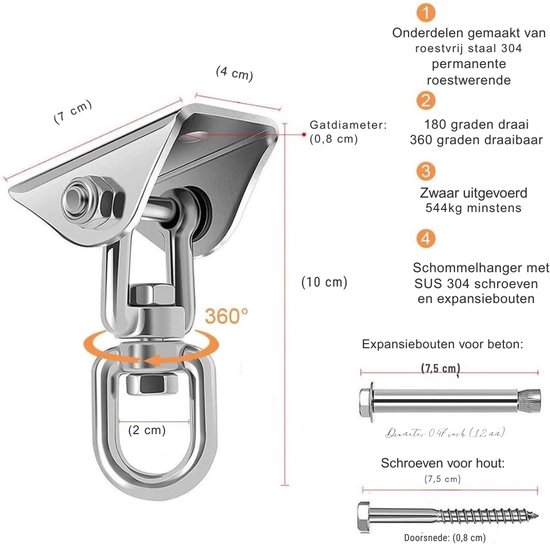 Gedetailleerde tekening van een zilverkleurige schommelophanging van SUS 304 roestvrij staal met afmetingen en specificaties. Inclusief bouten voor beton en schroeven voor hout.