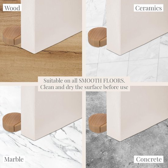 Tegels met hout, keramiek, marmer en beton, elk met een houten deurstopper.