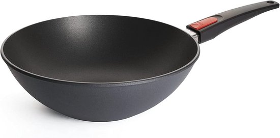 Gietijzeren wok met emaille coating - Anti-aanbakpan met afneembaar houten handvat - Wokpan kookgerei - Roerbakken met gietijzeren koekenpan - Wokpan met antiaanbaklaag van 28 cm diameter
