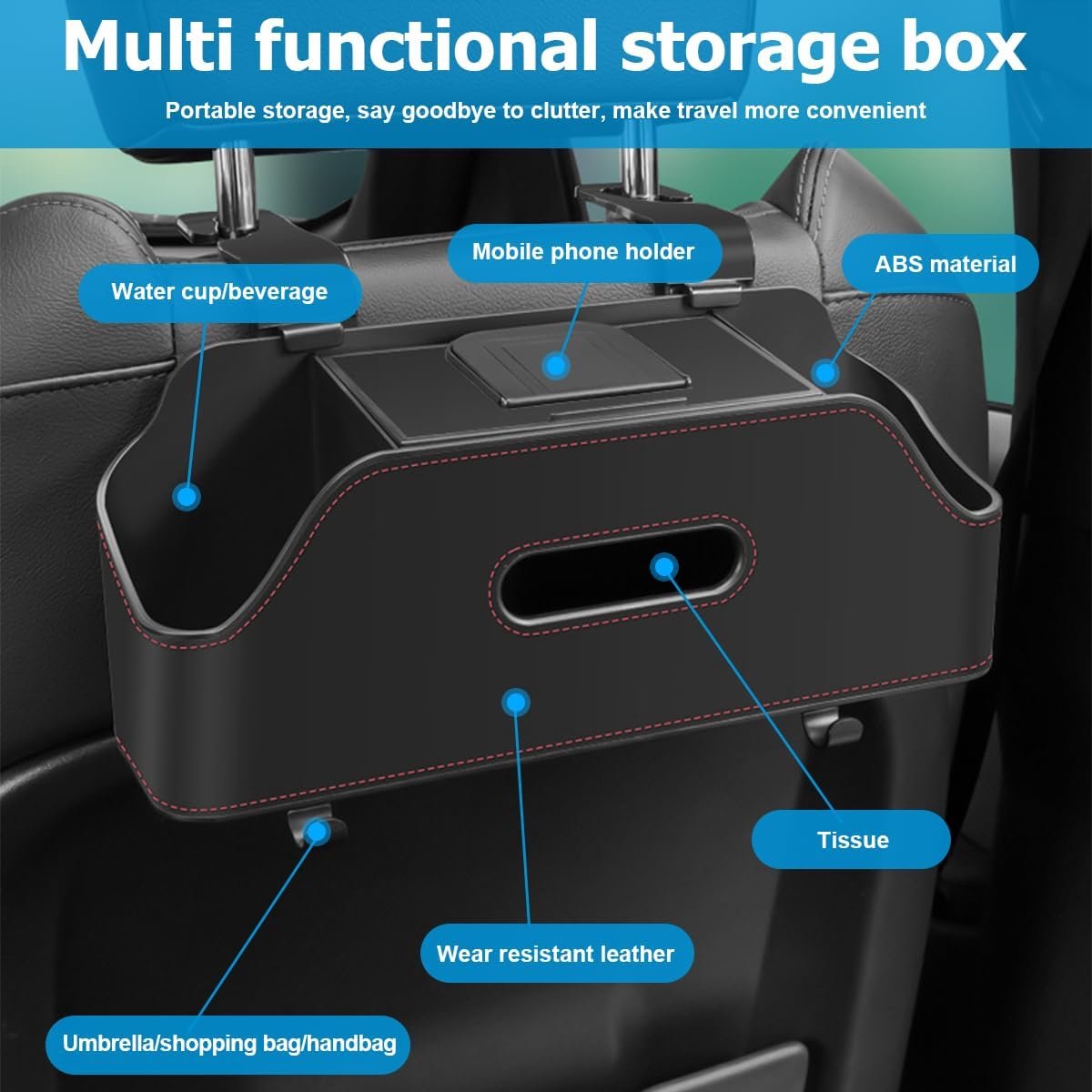 Autohoofdsteun-achterbankorganizer met bekerhouder, multifunctionele opbergdoos voor de rugleuning van de auto met haken, autodrinkbakje, snackhouder voor telefoon, reisaccessoires voor kinderen en volwassenen (zwart) – foto 2