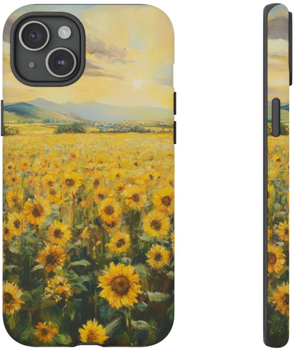 Zonnebloemenveld bij Zonsopkomst – Telefoonhoesje Geschikt voor iPhone 15 Plus