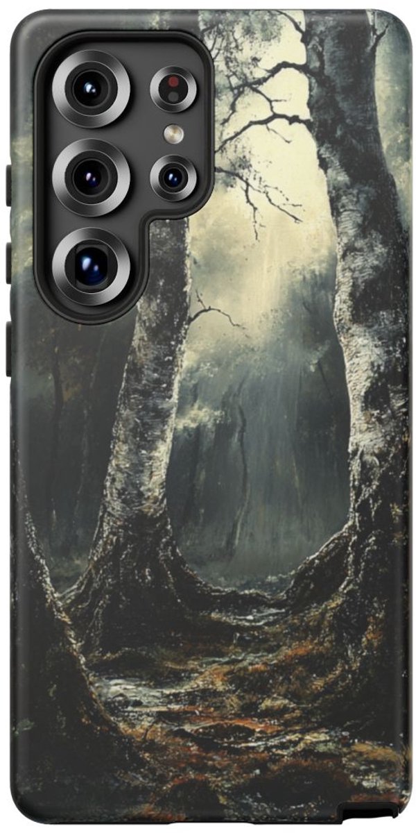 Gothische Berkenbomen in Donker Bos – Telefoonhoesje Geschikt voor Galaxy S25 Ultra