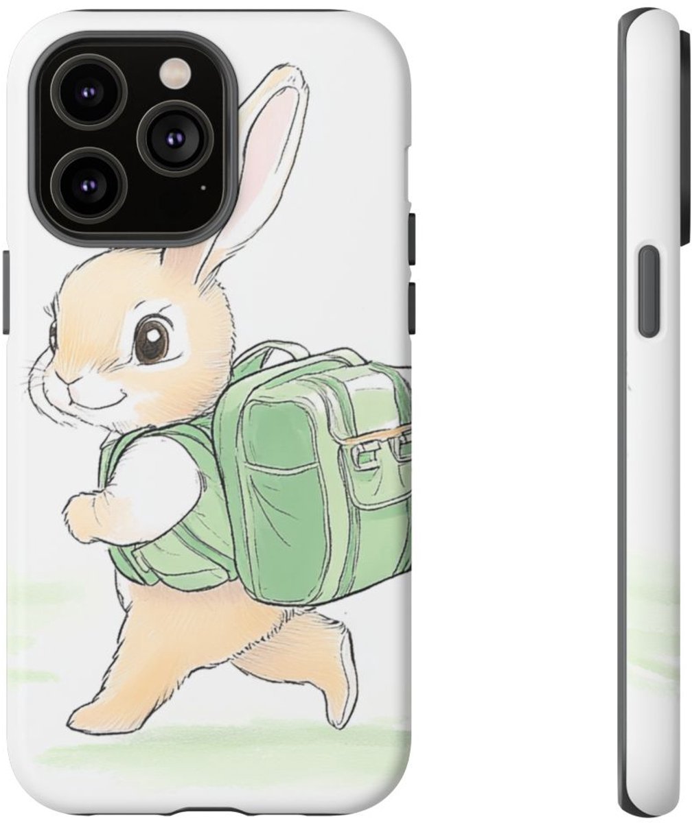 Schattig Konijntje met Groene Rugzak – Telefoonhoesje Geschikt voor iPhone 14 Pro Max