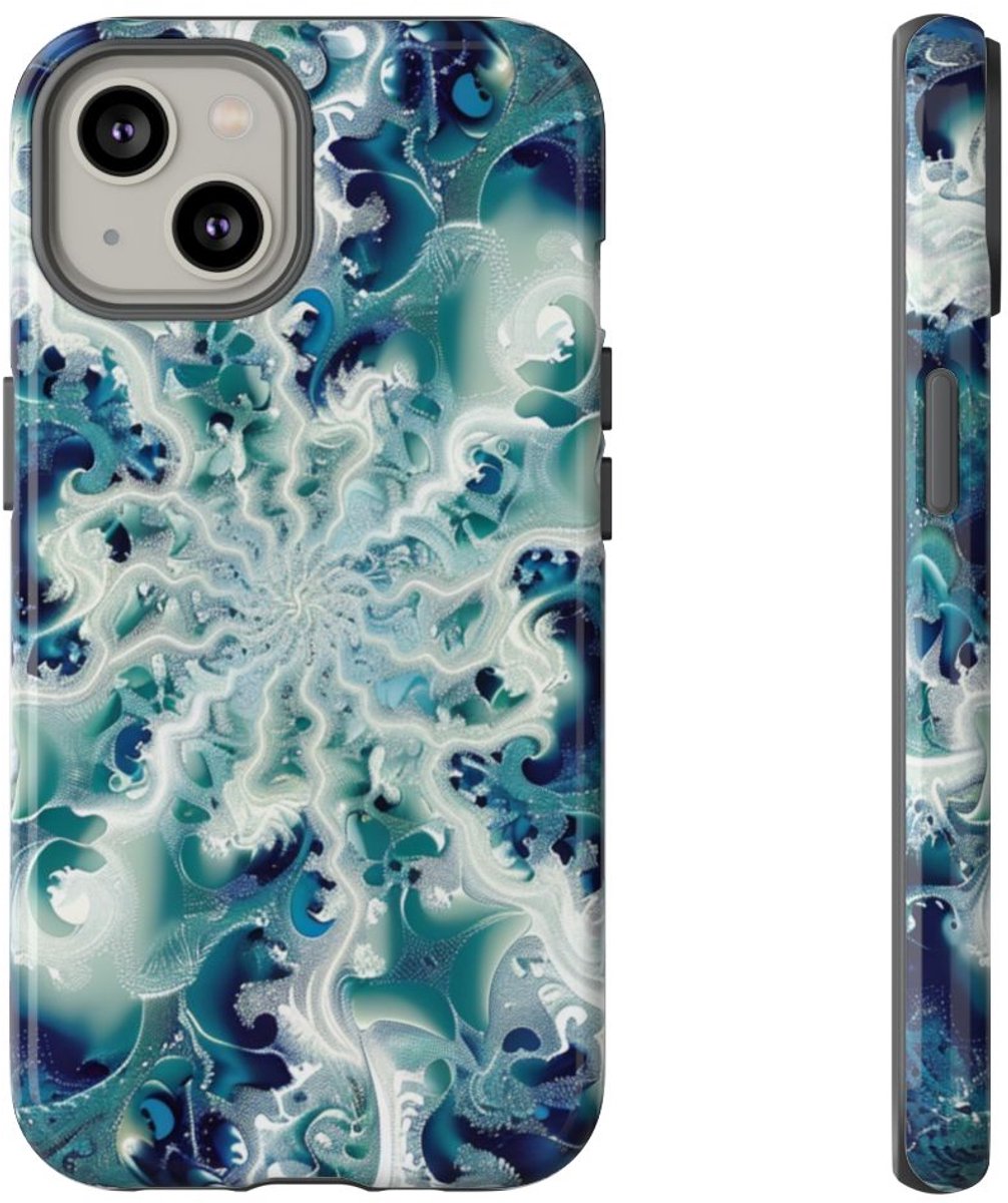 Blauw-Groene Fractalwerveling met Glans – Telefoonhoesje Geschikt voor iPhone 14